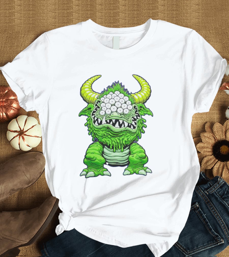 Black Beast Of Aaaarrgghh Multi-Eyed Green Monster With Horns T-Shirt