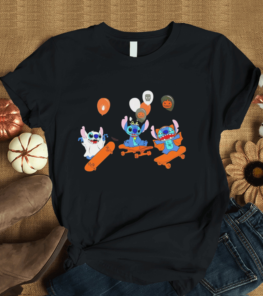 Stitch Skateboarding Halloween Balloons Cute Ghost Pumpkin T-Shirt
