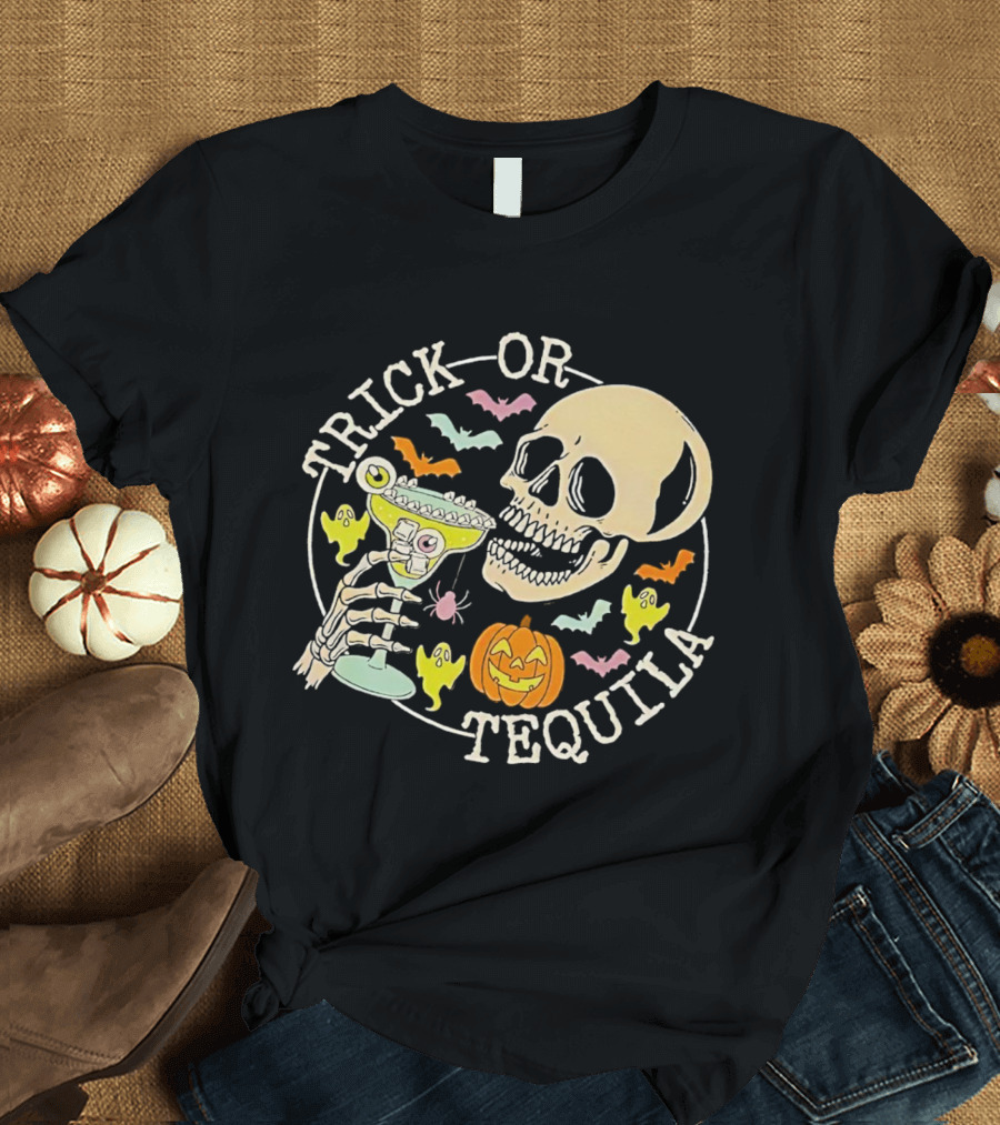 Trick Or Tequila Halloween Skeleton With Margarita, Bats, Ghosts, And Pumpkin T-Shirt