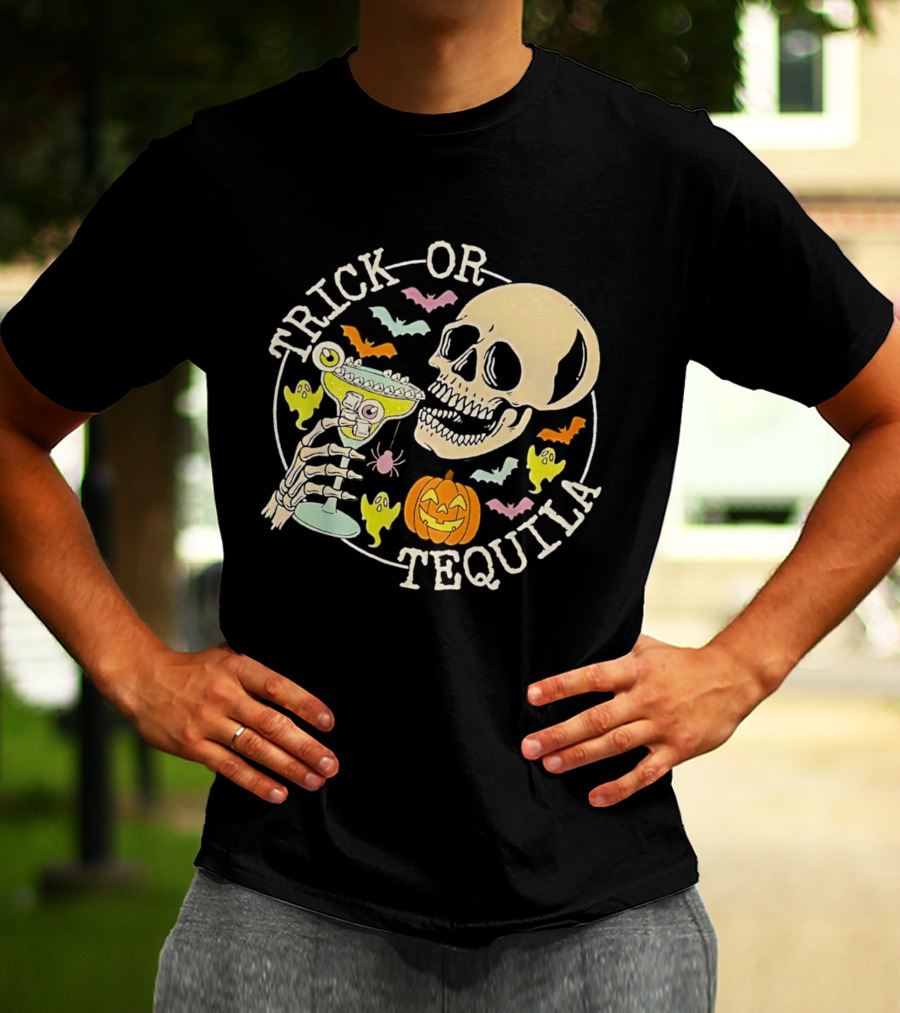 Trick Or Tequila Halloween Skeleton With Margarita, Bats, Ghosts, And Pumpkin T-Shirt