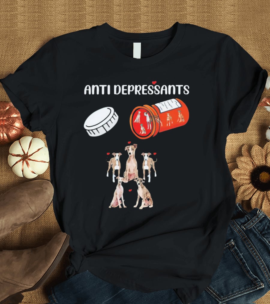 Anti Depressants Dogs Medicine Bottle With Greyhound Puppies T-Shirt