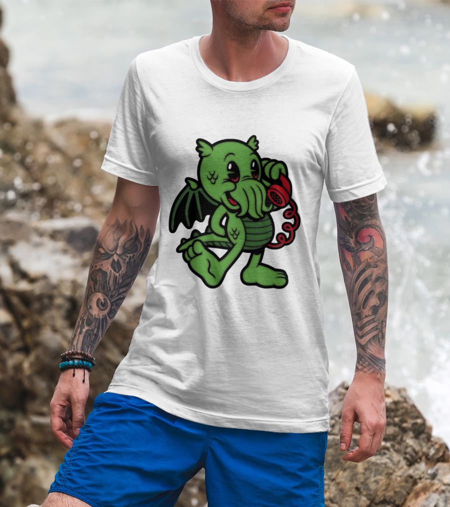 Chubby Cthulhu Phone Call Cartoon With Red Retro Telephone T-Shirt