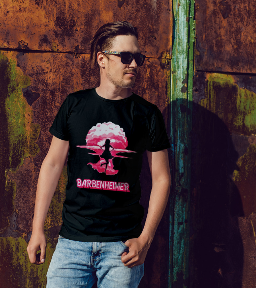 Barbenheimer Fusion Silhouette With Pink Explosion Background T-Shirt