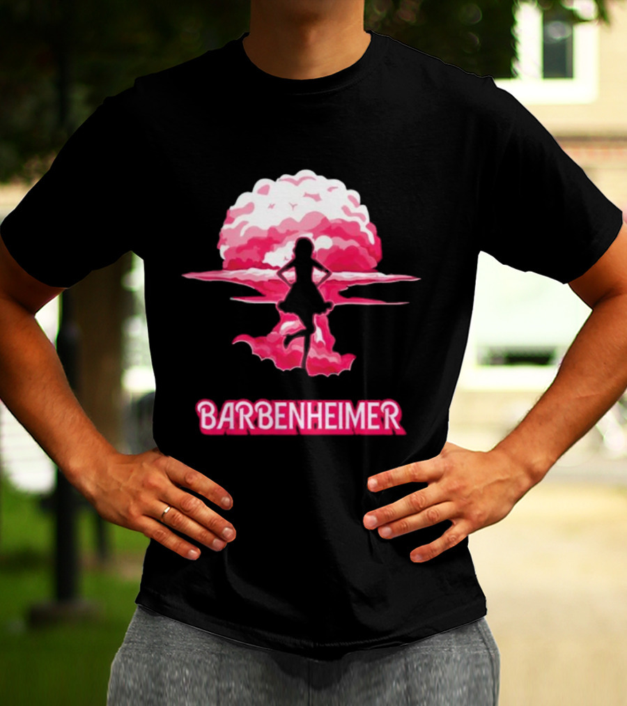 Barbenheimer Fusion Silhouette With Pink Explosion Background T-Shirt