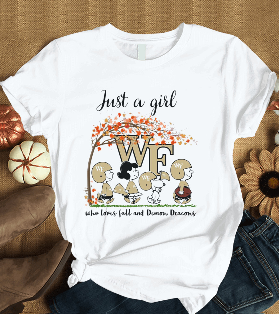 Just A Girl Who Loves Fall And Wake Forest Demon Deacons Peanuts Cartoon Halloween Football T-Shirt