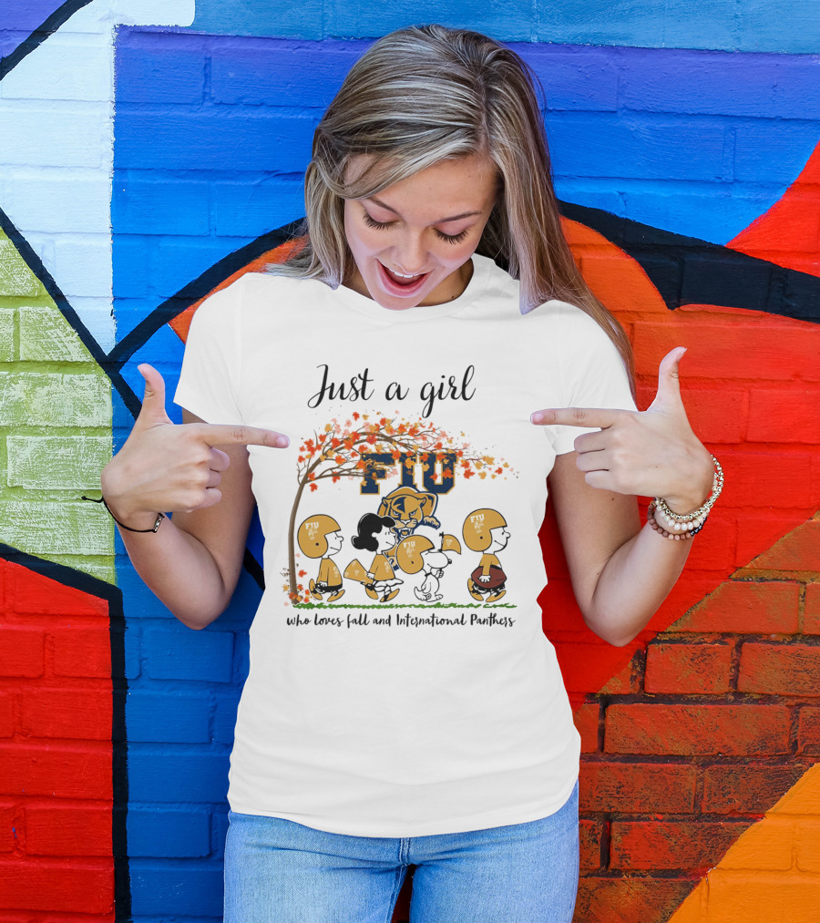Just A Girl Who Loves Fall And FIU International Panthers Peanuts Cartoon T-Shirt