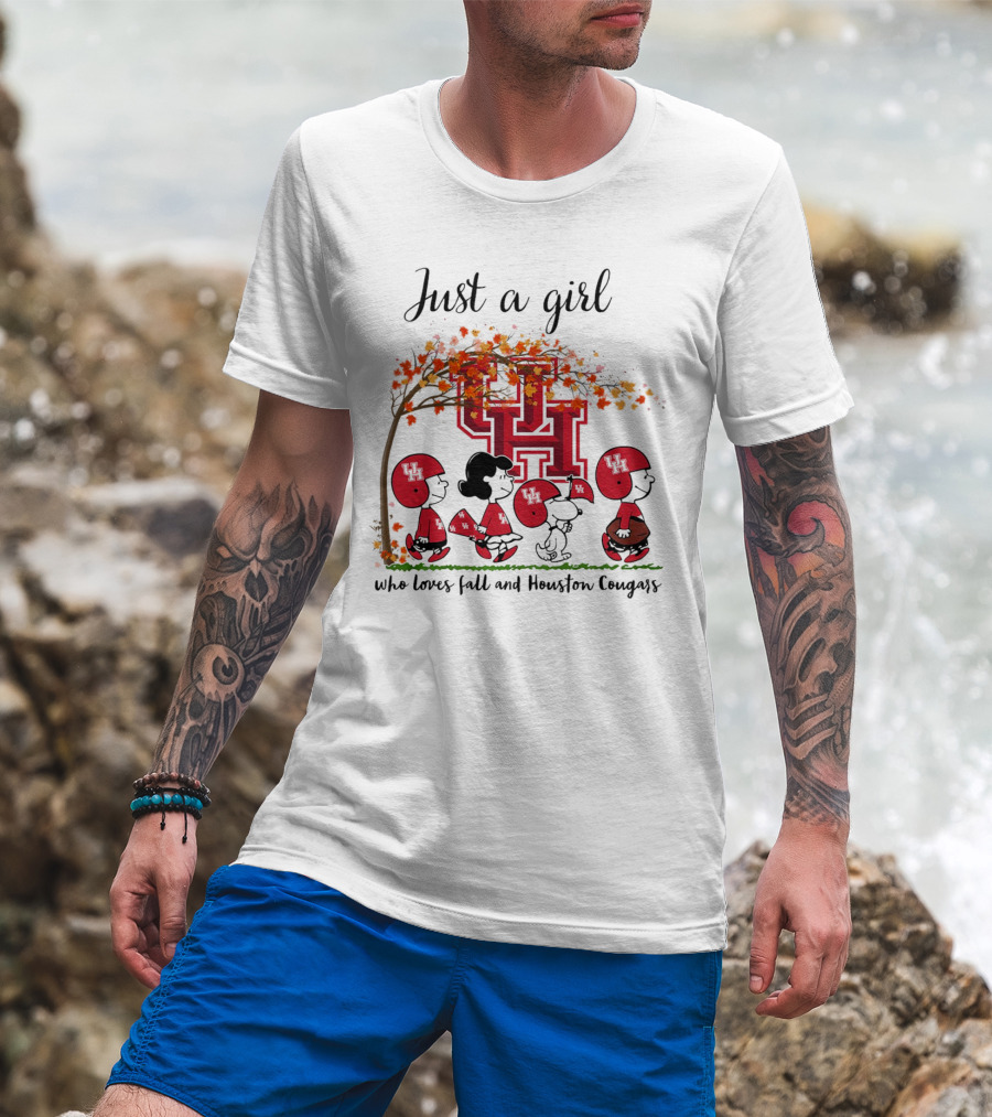 Just A Girl Who Loves Fall And Houston Cougars Peanuts Cartoon T-Shirt