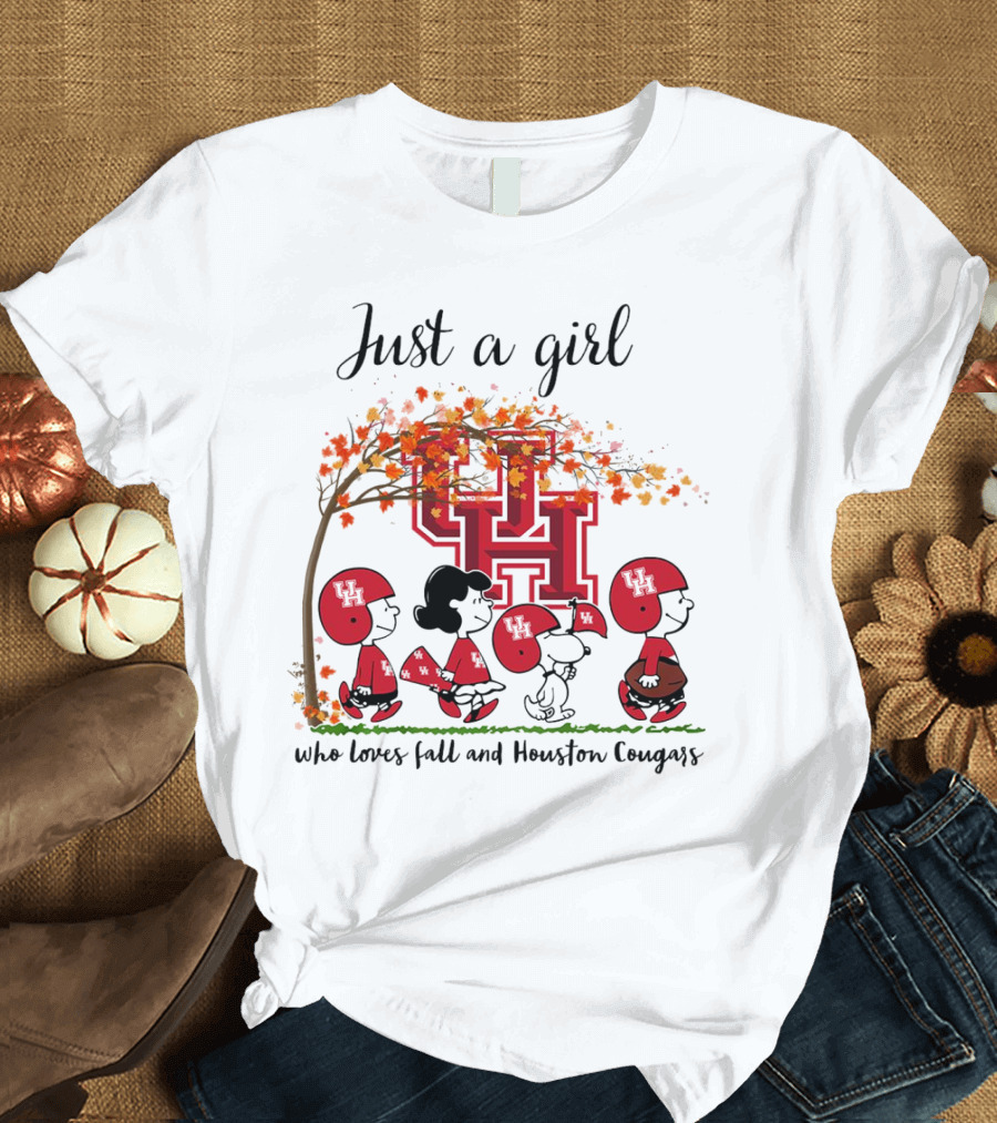 Just A Girl Who Loves Fall And Houston Cougars Peanuts Cartoon T-Shirt