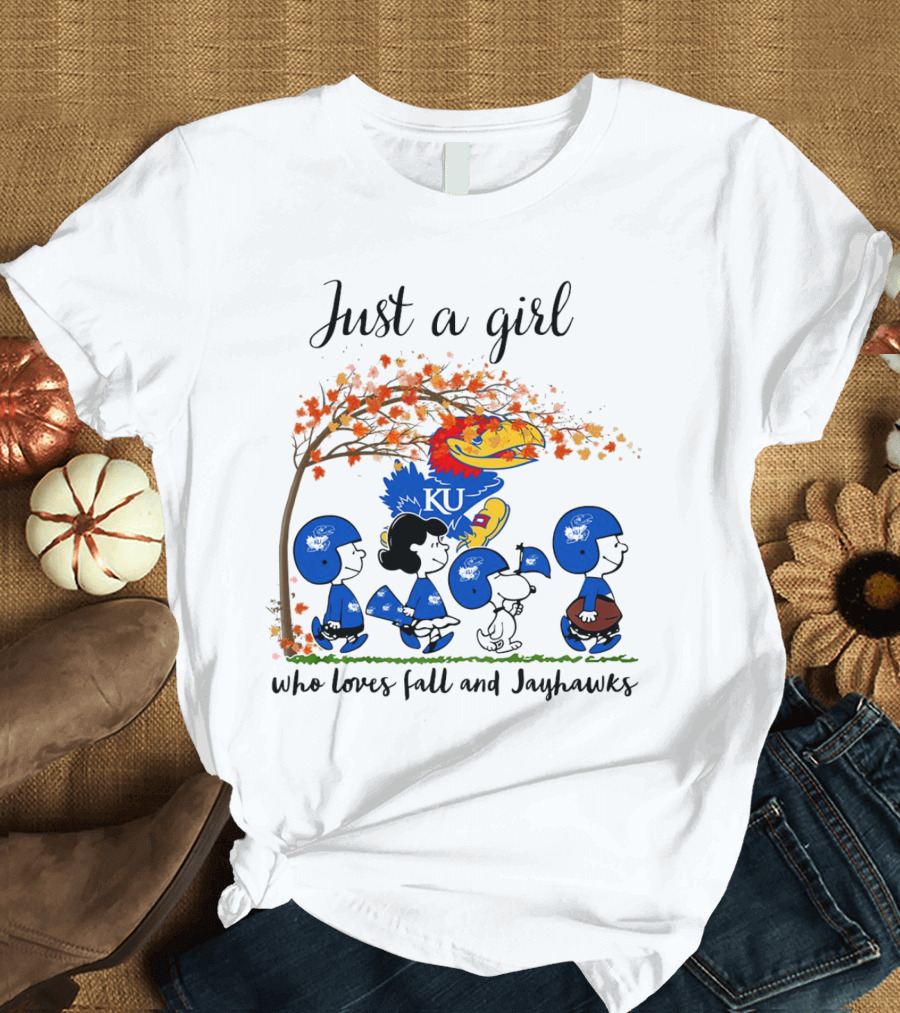 Just A Girl Who Loves Fall And Jayhawks Peanuts Cartoon Halloween KU T-Shirt