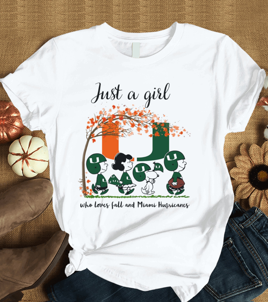 Just A Girl Who Loves Fall And Miami Hurricanes Peanuts Cartoon T-Shirt