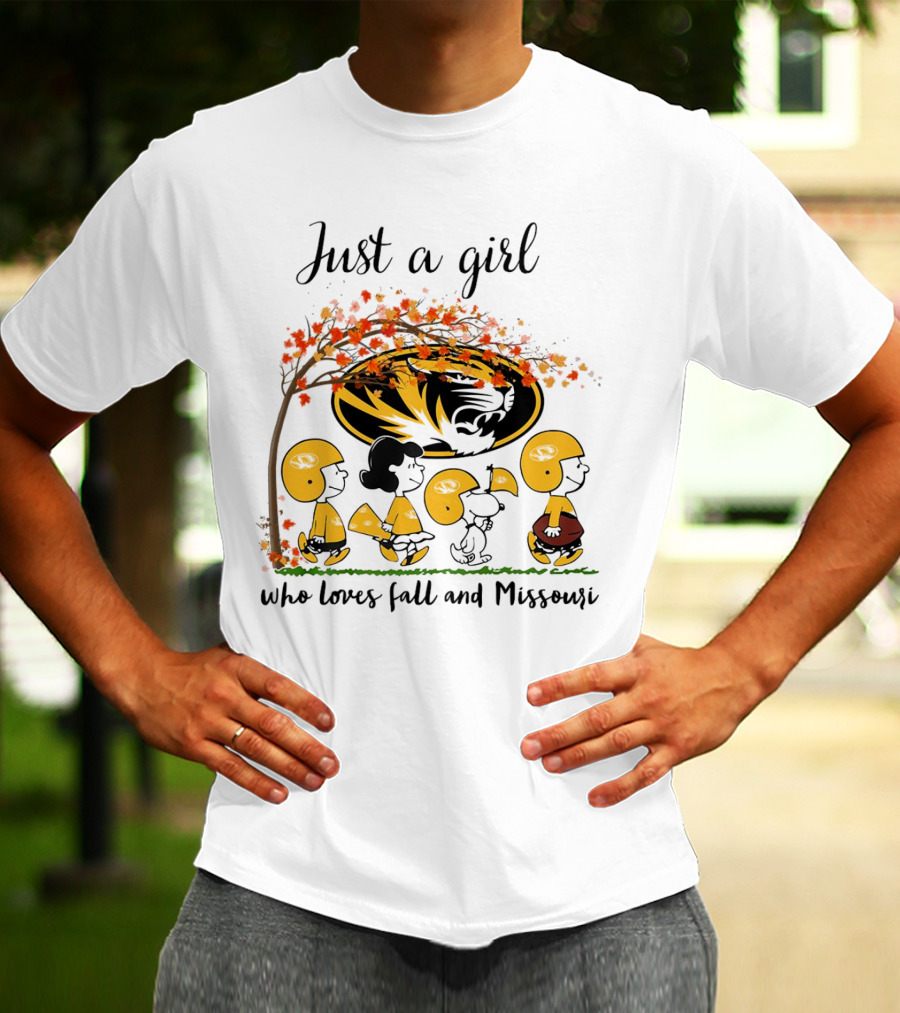 Just A Girl Who Loves Fall And Missouri Peanuts Cartoon Halloween Football Tiger Leaves T-Shirt