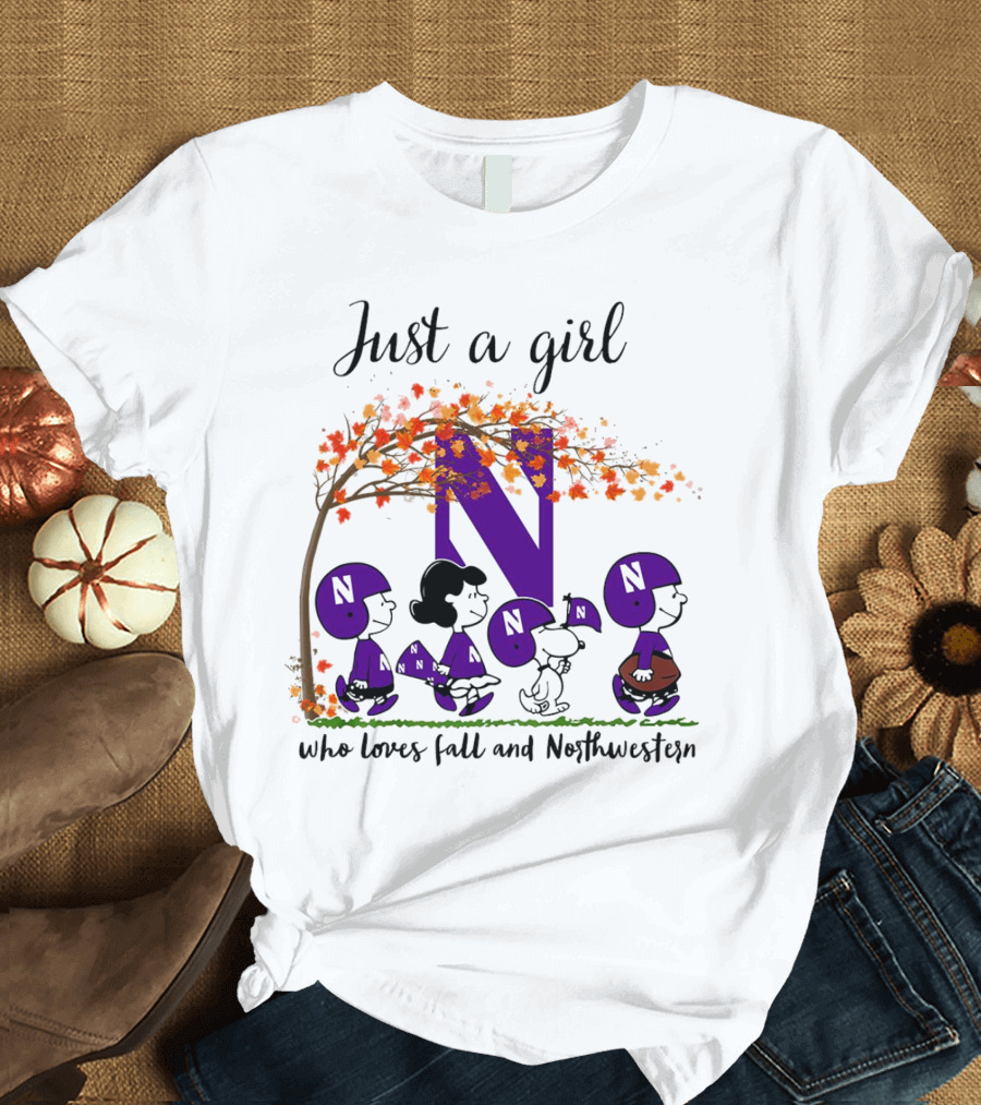 Just A Girl Who Loves Fall Northwestern Wildcats Peanuts Cartoon Halloween T-Shirt