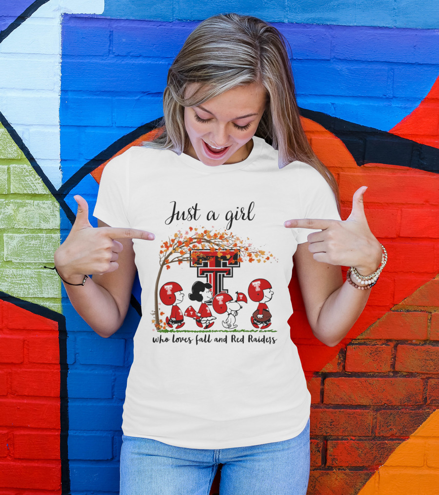 Just A Girl Who Loves Fall And Red Raiders Peanuts Cartoon Football Fans T-Shirt