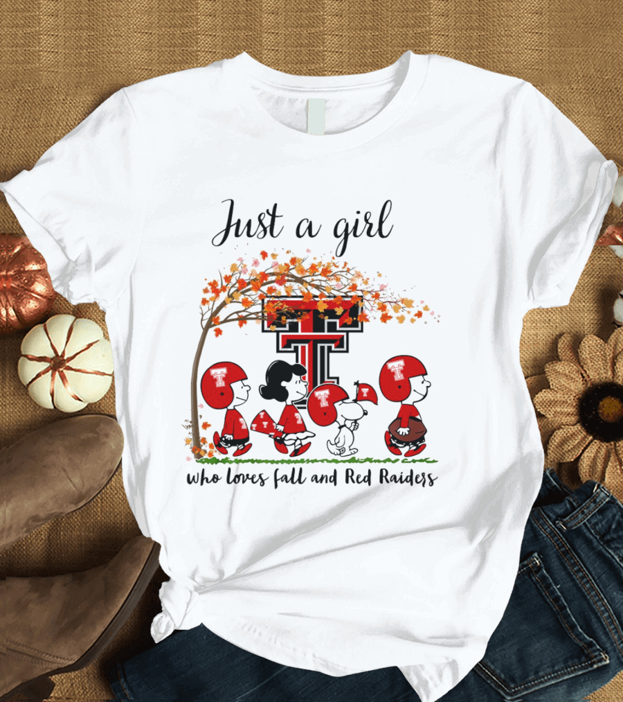 Just A Girl Who Loves Fall And Red Raiders Peanuts Cartoon Football Fans T-Shirt