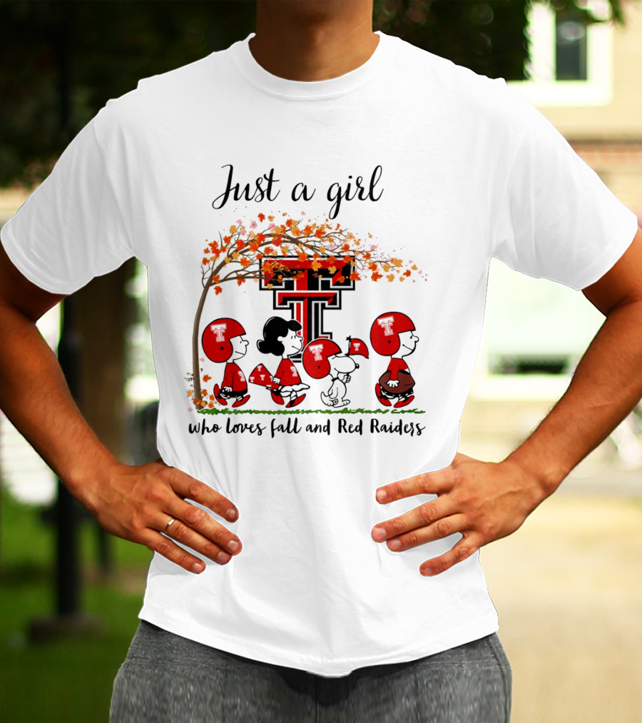 Just A Girl Who Loves Fall And Red Raiders Peanuts Cartoon Football Fans T-Shirt