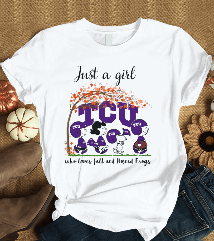 Just A Girl Who Loves Fall TCU Horned Frogs Peanuts Cartoon T-Shirt