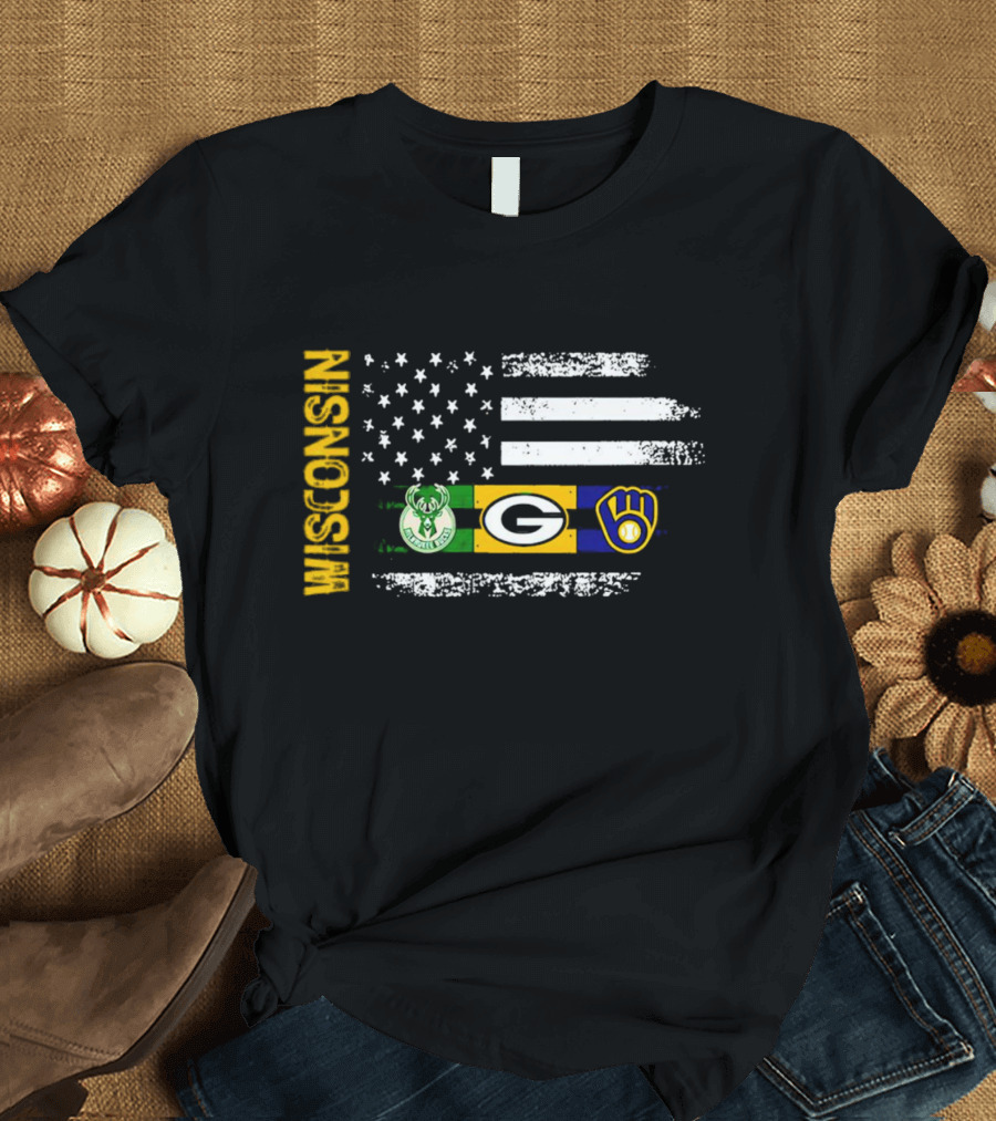 Wisconsin Flag American Sports Green Bay Packers Milwaukee Bucks Milwaukee Brewers T-Shirt
