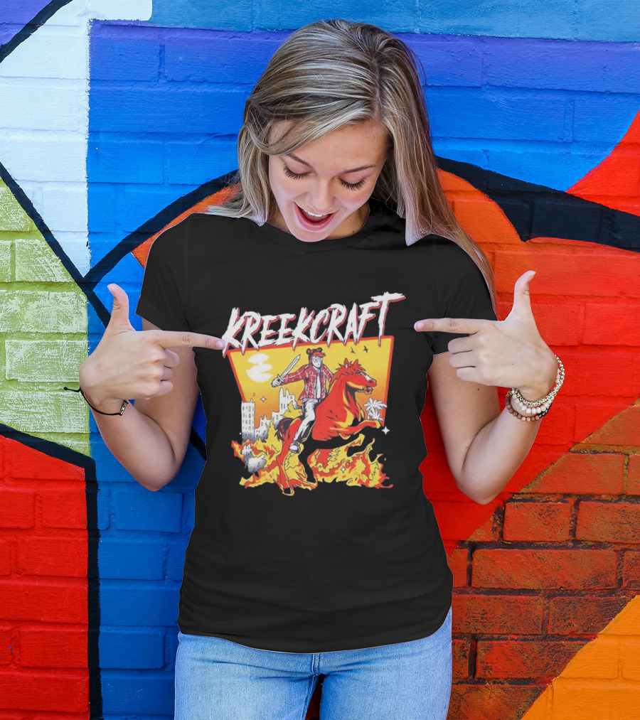 Kreekcraft Warrior Riding Fiery Horse In Urban Landscape T-Shirt