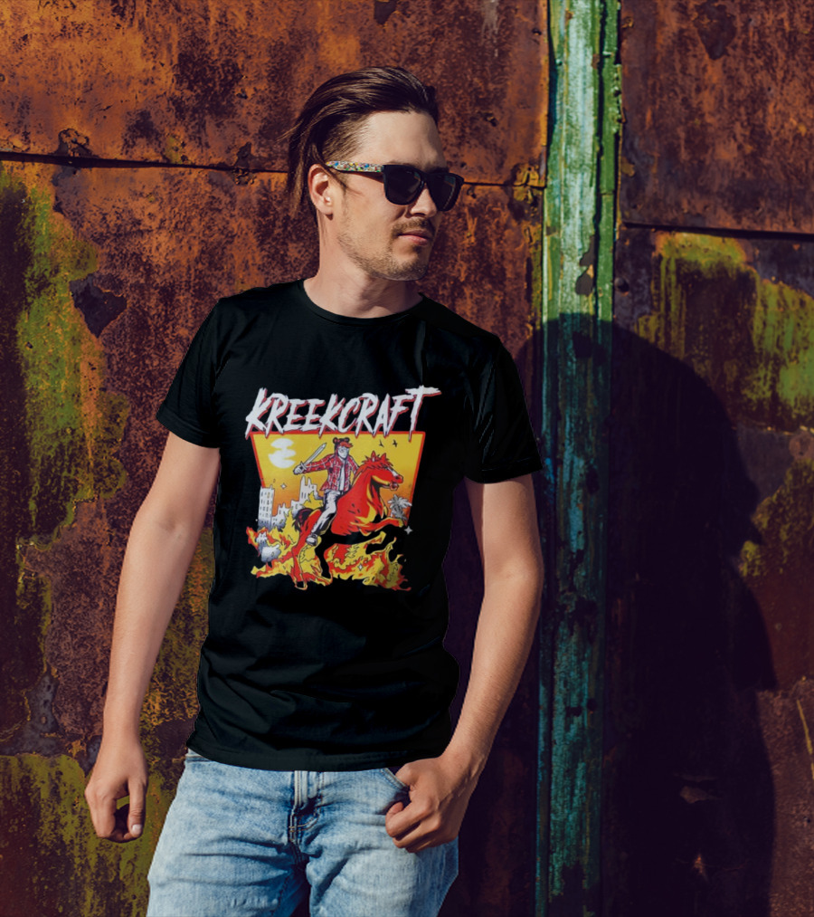 Kreekcraft Warrior Riding Fiery Horse In Urban Landscape T-Shirt