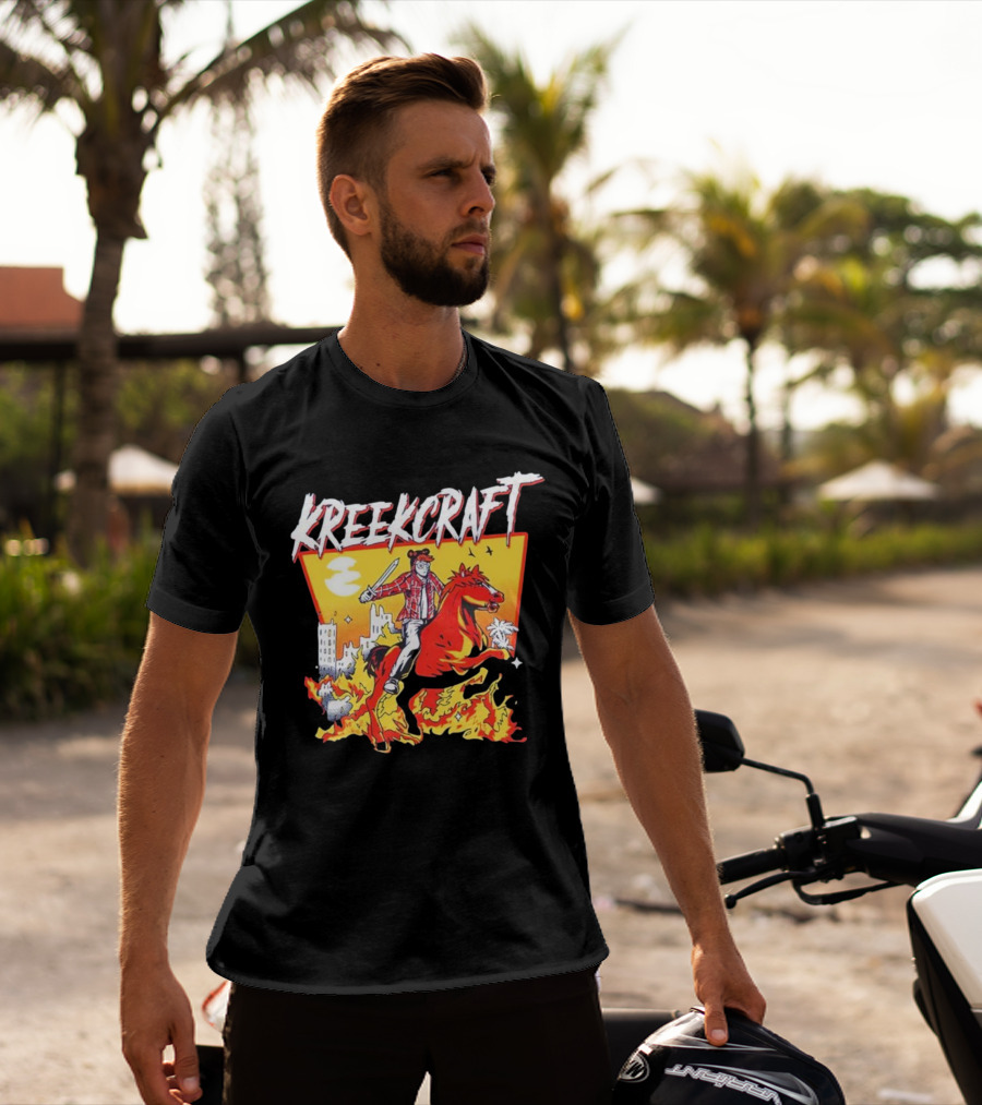 Kreekcraft Warrior Riding Fiery Horse In Urban Landscape T-Shirt