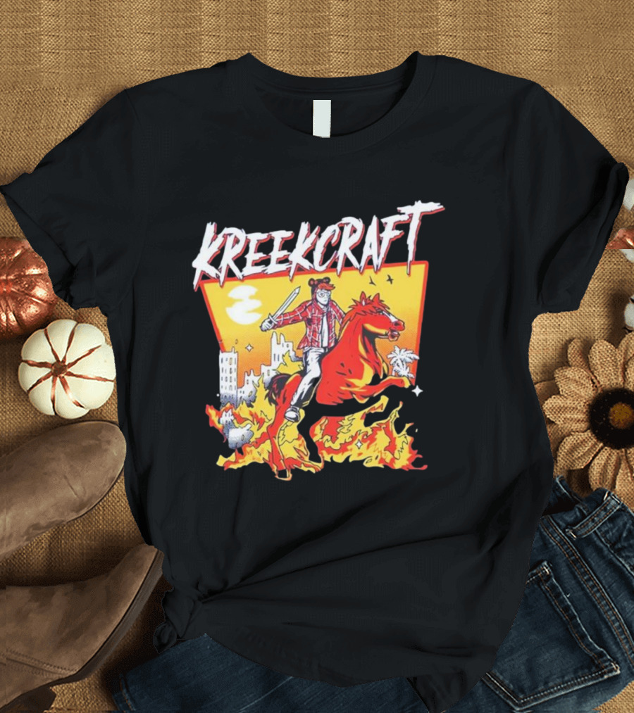 Kreekcraft Warrior Riding Fiery Horse In Urban Landscape T-Shirt
