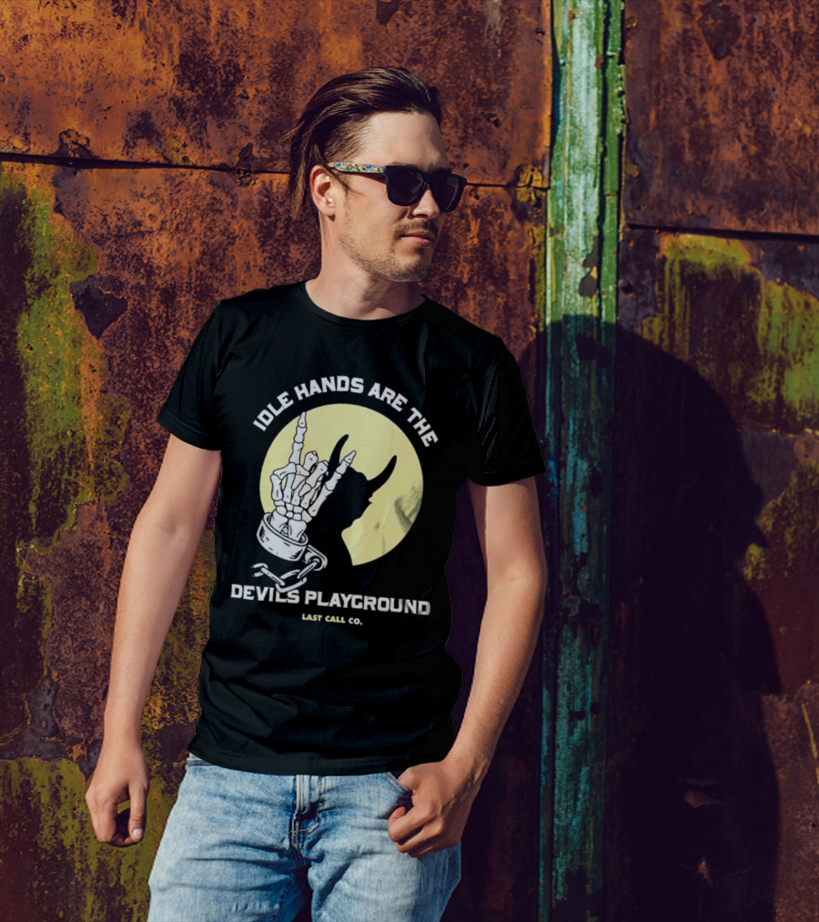 Idle Hands Are The Devils Playground Skeleton Handcuffs Shadow Last Call Co T-Shirt