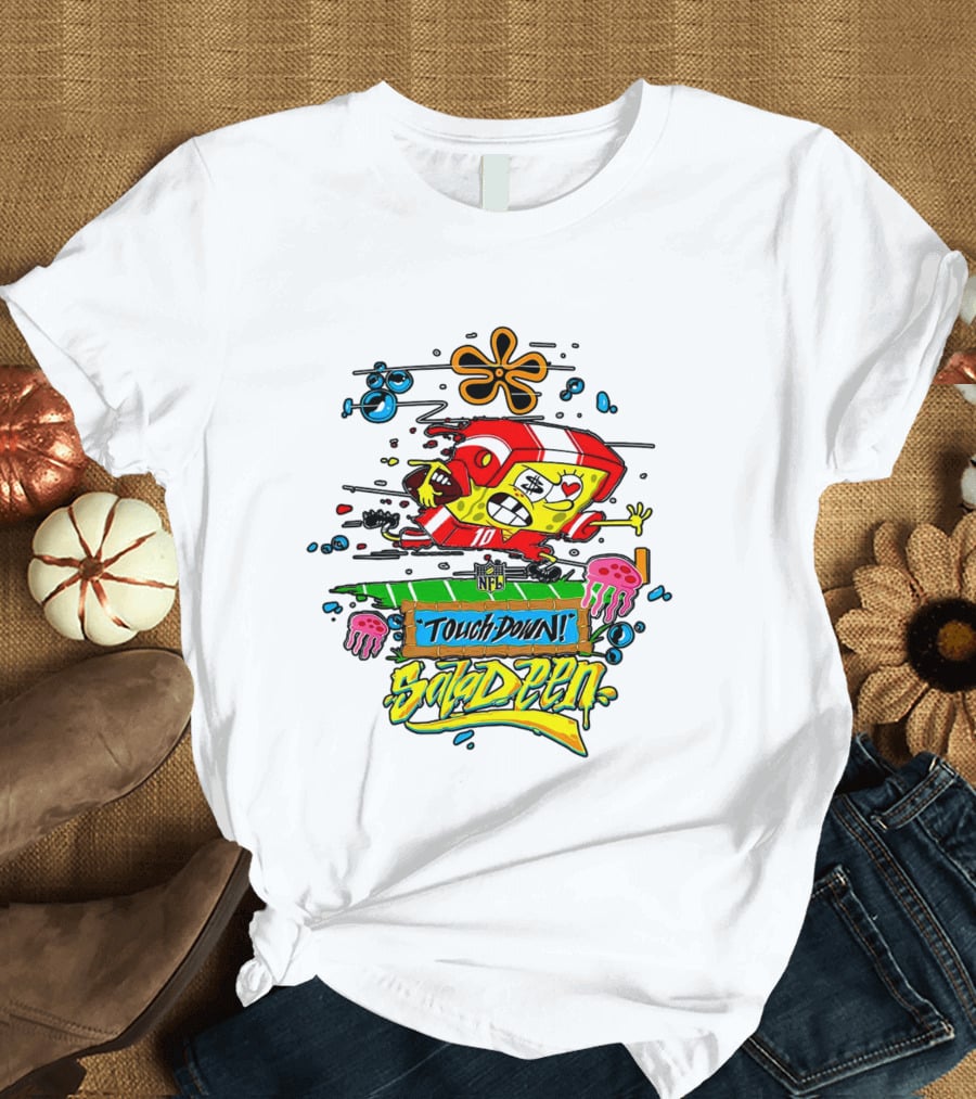 NFL Junk Food SpongeBob X King Saladeen Touchdown Saladeen Graffiti Art Football Character Burst T-Shirt