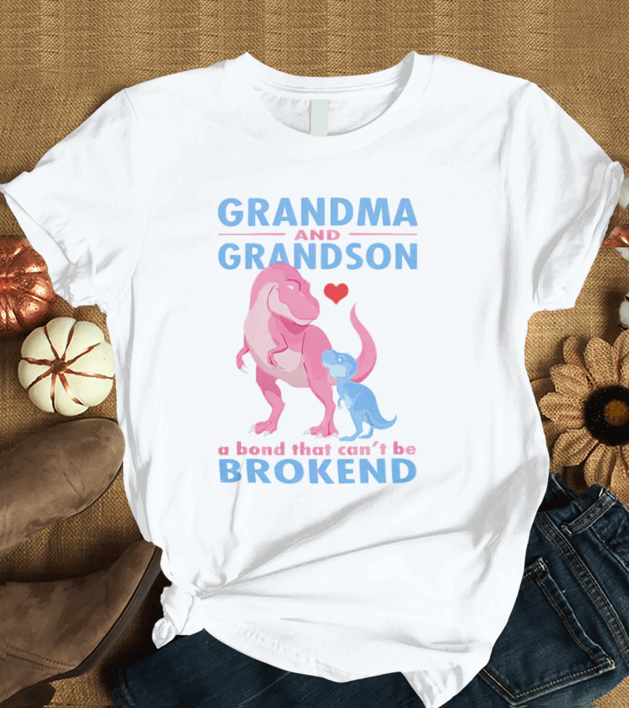Grandma And Grandson A Bond That Can't Be Broken With Pink And Blue Dinosaurs And Heart T-Shirt
