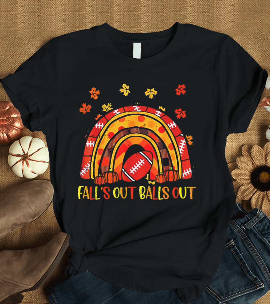 Fall's Out Balls Out Rainbow American Football Autumn Leaves T-Shirt