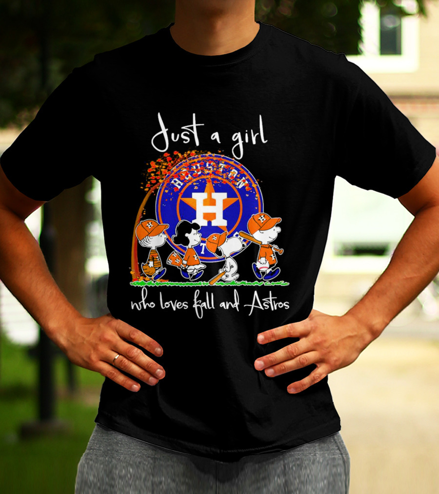 Just A Girl Who Loves Fall And Houston Astros Snoopy Peanuts Baseball Scene T-Shirt