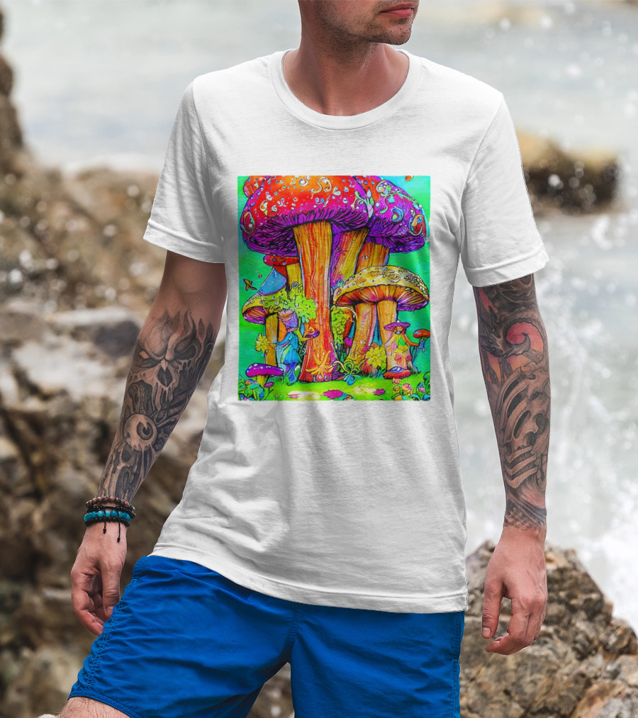 Multi Color Psychedelic Forest Mushrooms Fantasy T-Shirt