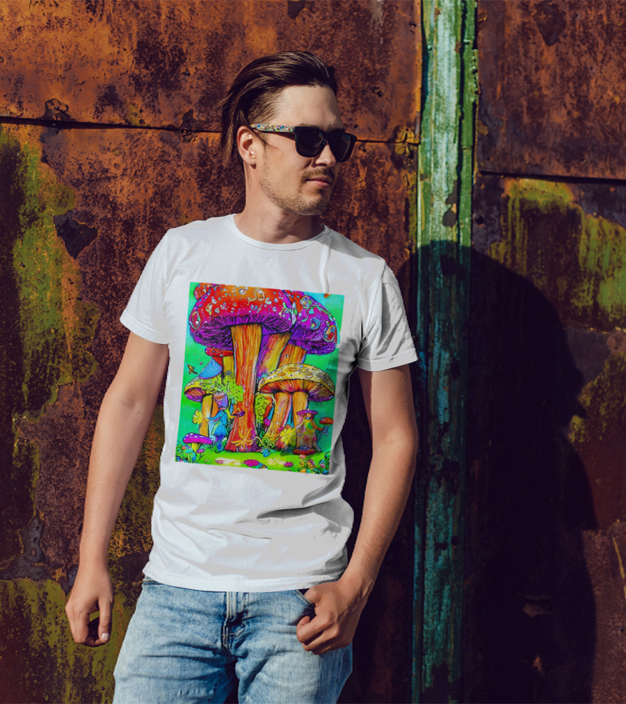 Multi Color Psychedelic Forest Mushrooms Fantasy T-Shirt