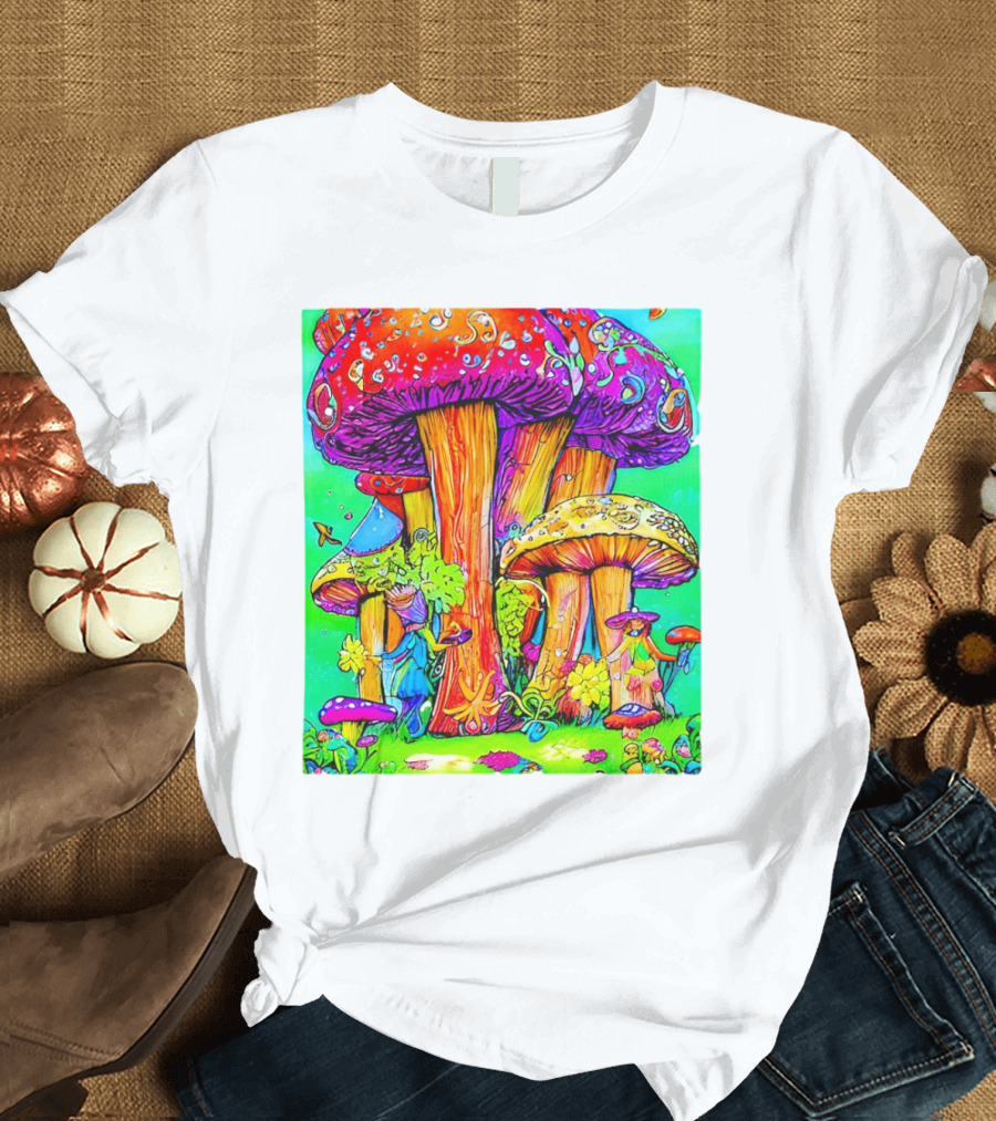 Multi Color Psychedelic Forest Mushrooms Fantasy T-Shirt