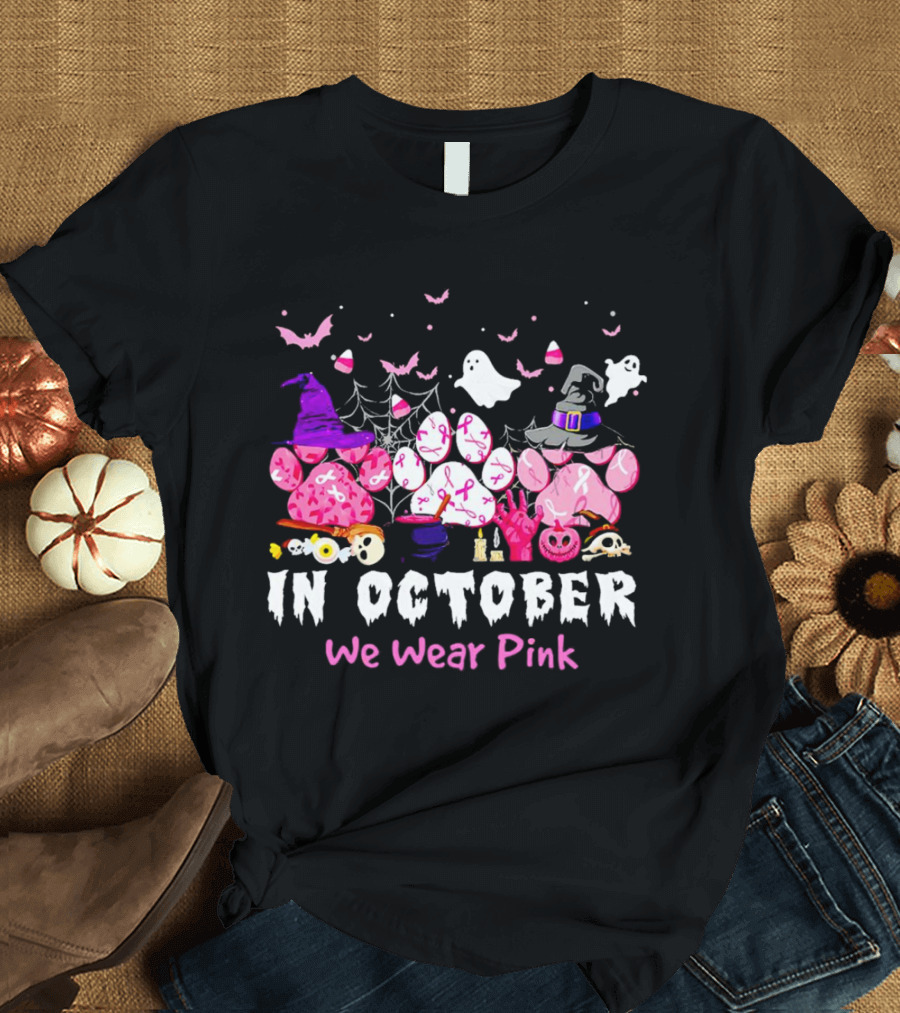 In October We Wear Pink Halloween Dog Paws Ghost Witch Hat T-Shirt