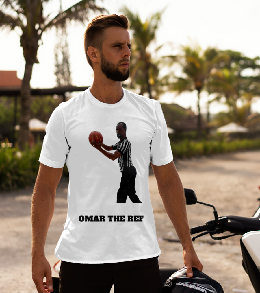 Omar The Ref Holding Basketball In Striped Uniform T-Shirt