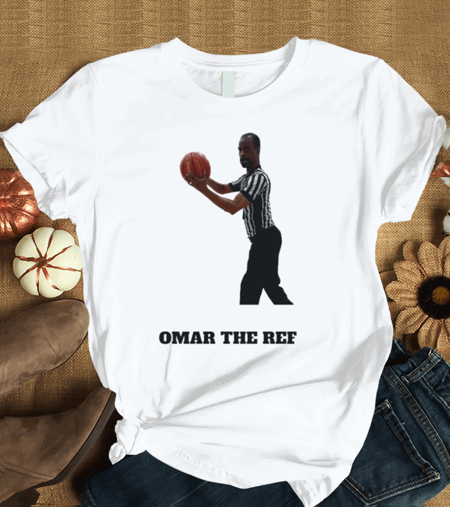 Omar The Ref Holding Basketball In Striped Uniform T-Shirt