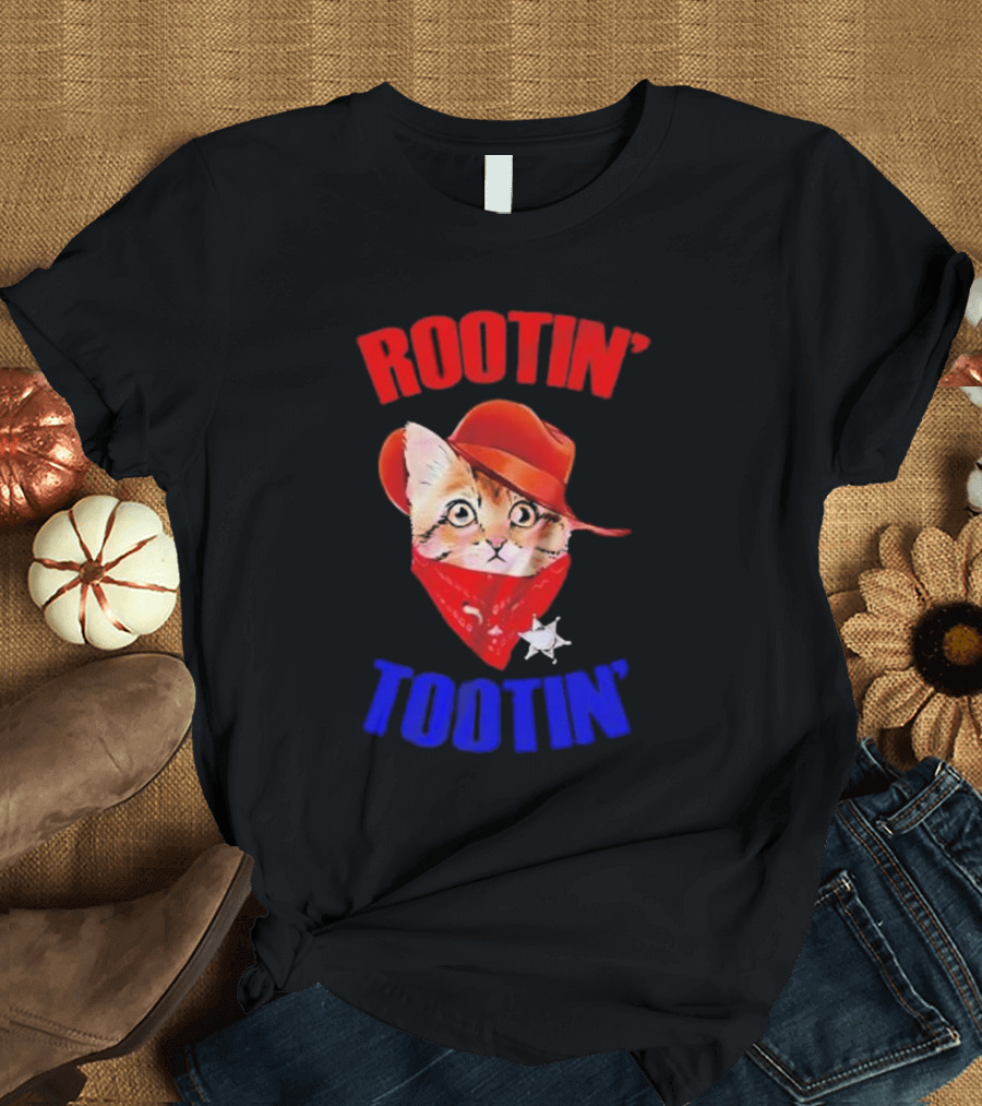 Rootin Tootin Cat Cowboy Vintage Red Hat And Bandana With Sheriff Star T-Shirt