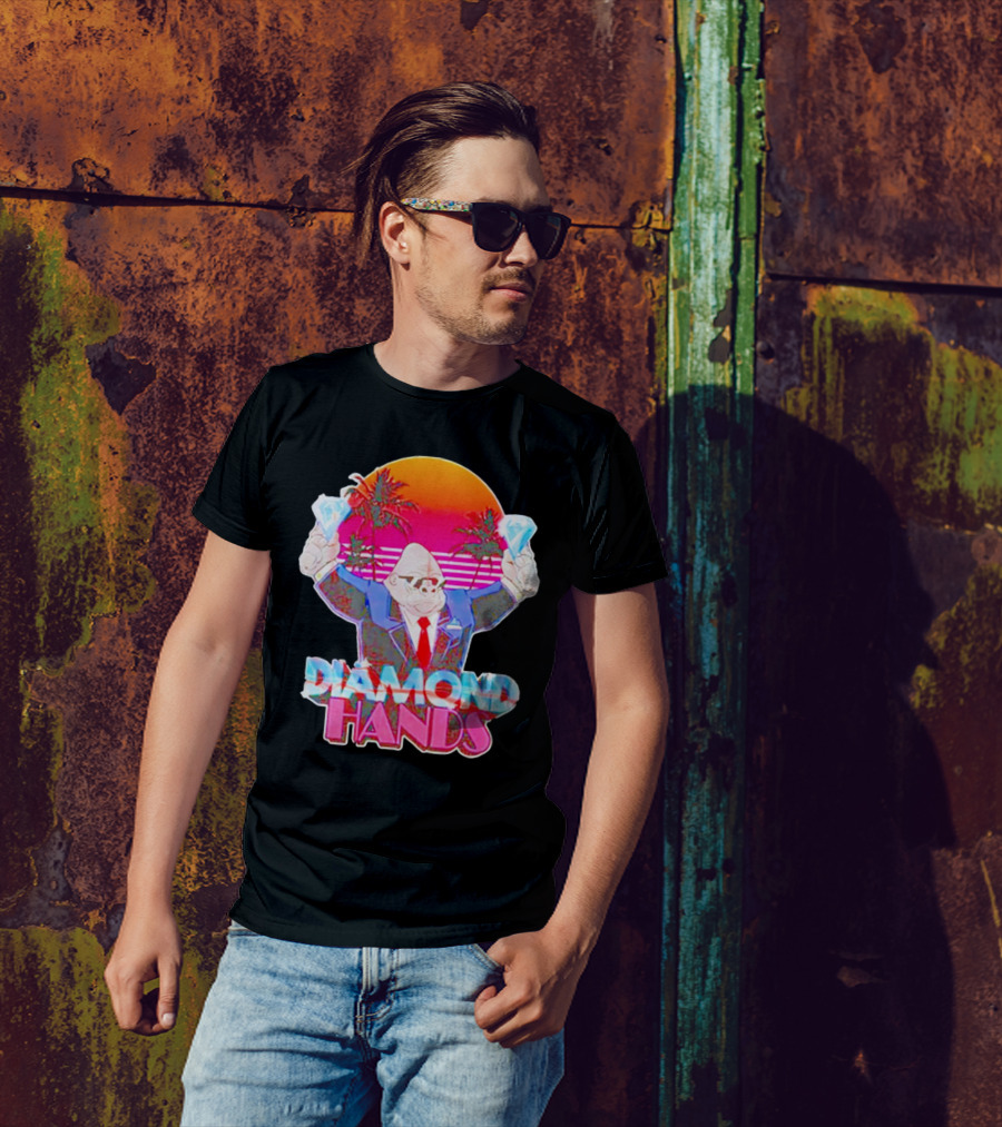 Diamond Hands Gorilla In Suit With Dollars And Vintage Sunset Background T-Shirt