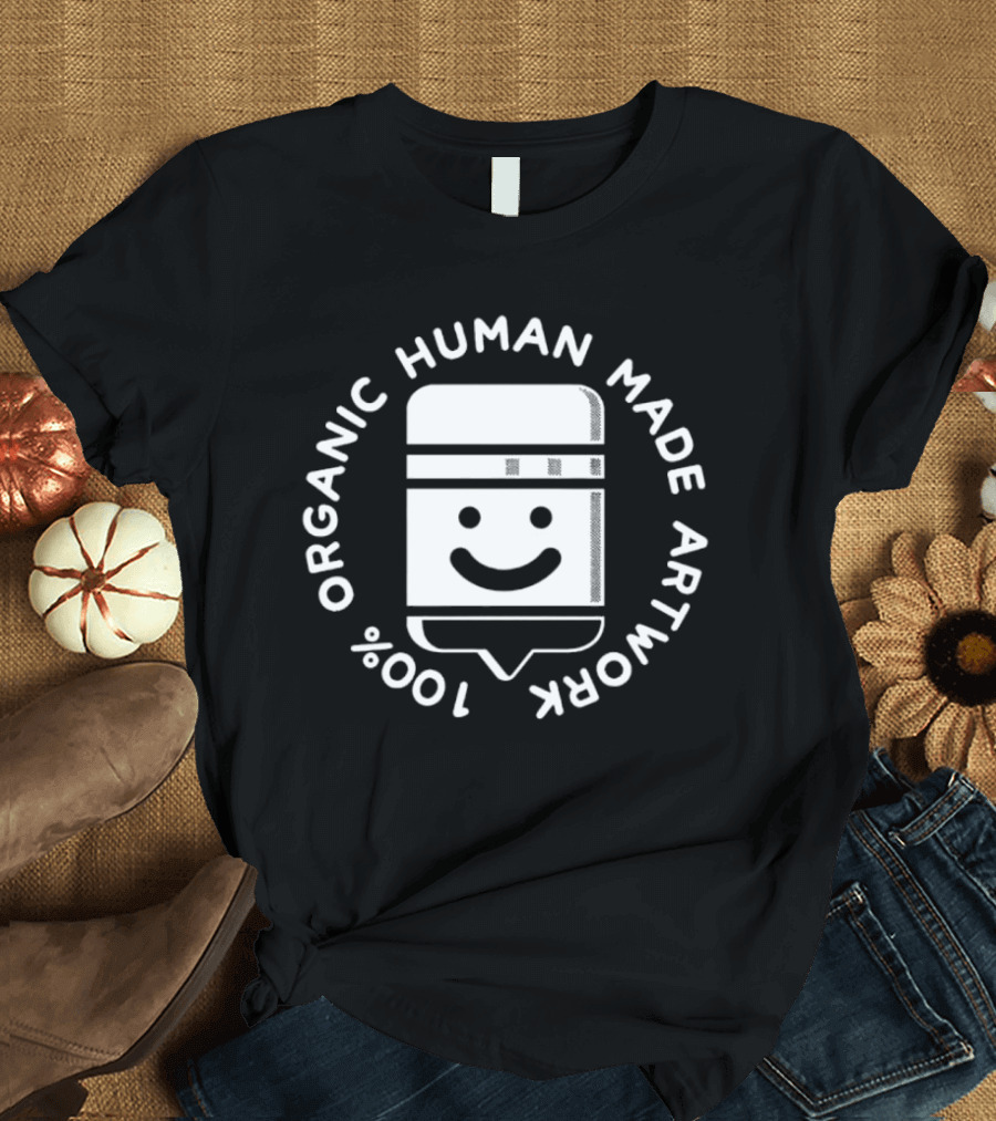100% Organic Human Made Artwork Smiley Face Badge T-Shirt