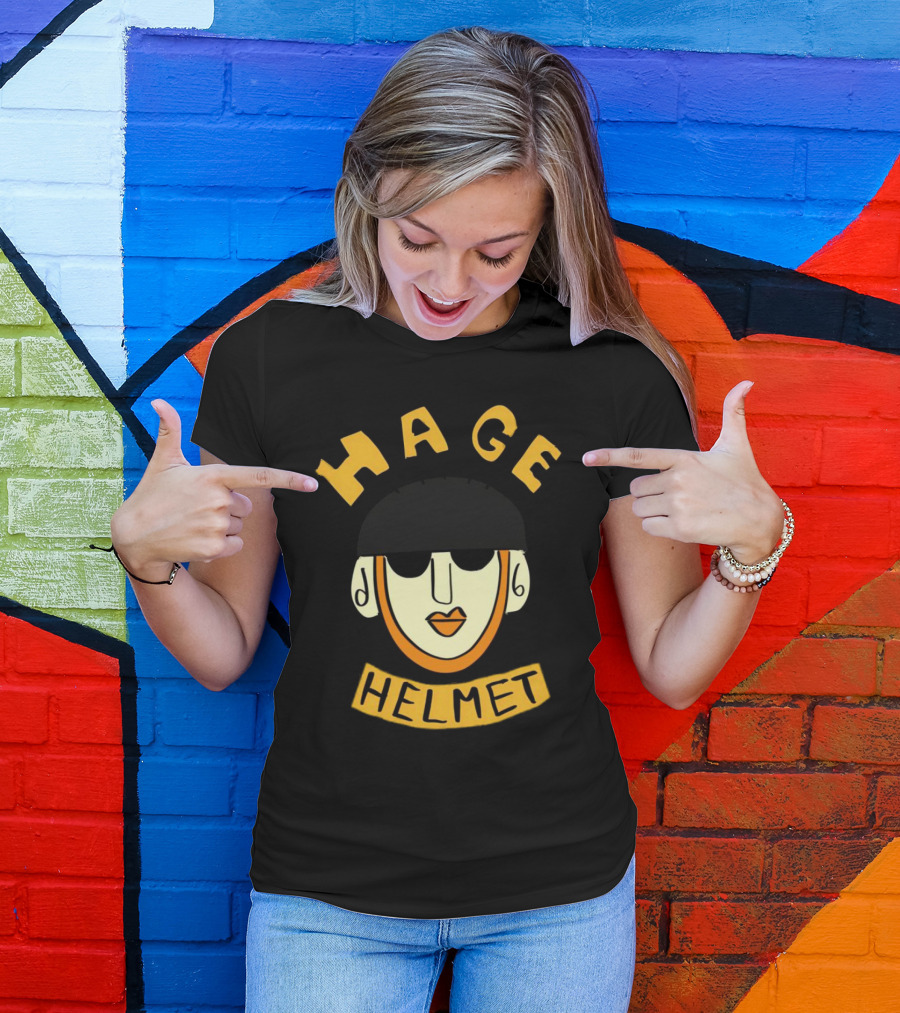 HAGE Helmet Face Black Cap Bold Lettering T-Shirt
