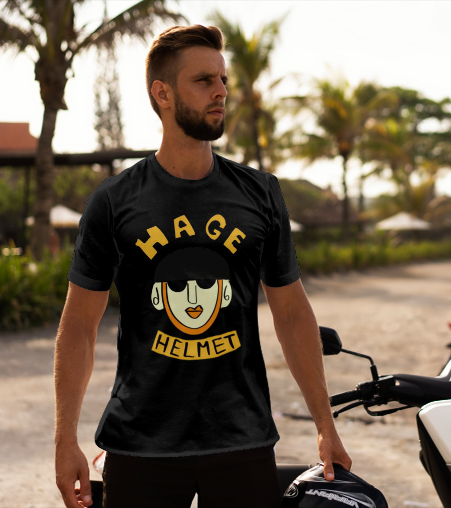 HAGE Helmet Face Black Cap Bold Lettering T-Shirt