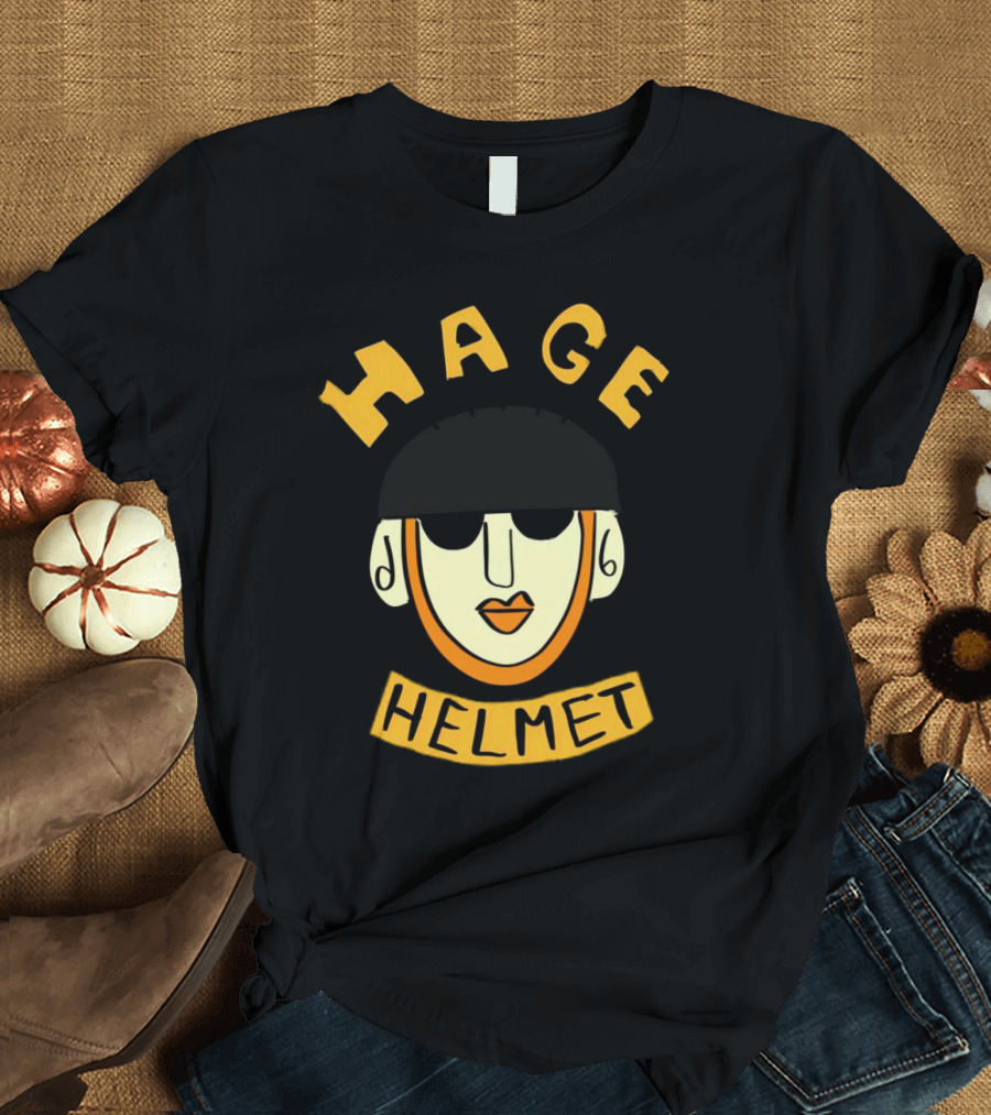 HAGE Helmet Face Black Cap Bold Lettering T-Shirt