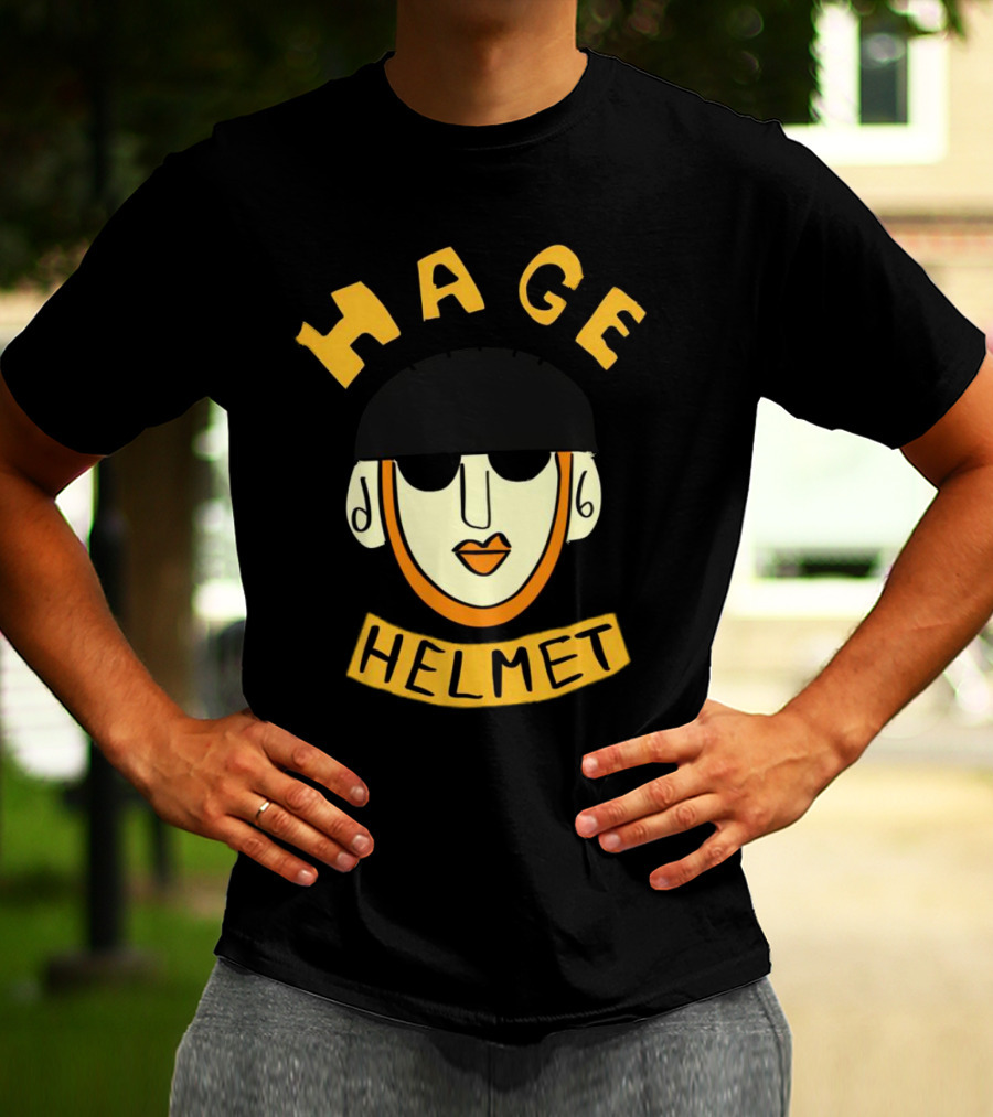 HAGE Helmet Face Black Cap Bold Lettering T-Shirt