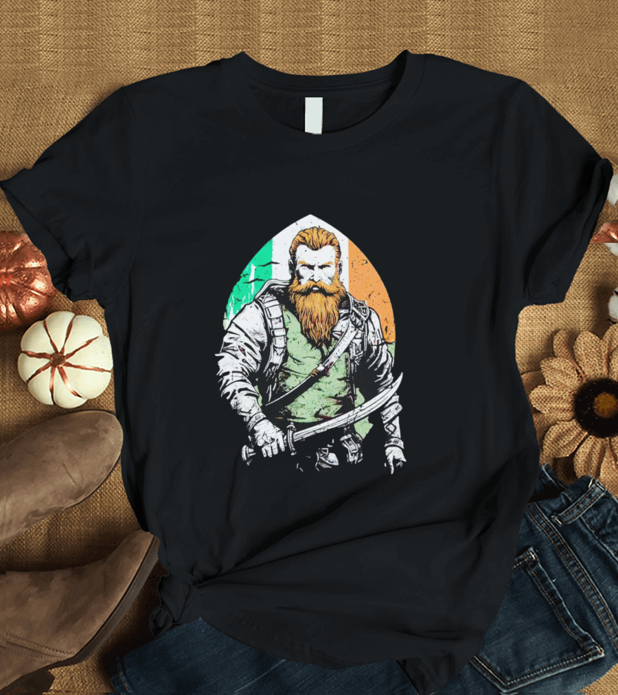 Irish American Pride Warrior With Sword And Flag Background T-Shirt