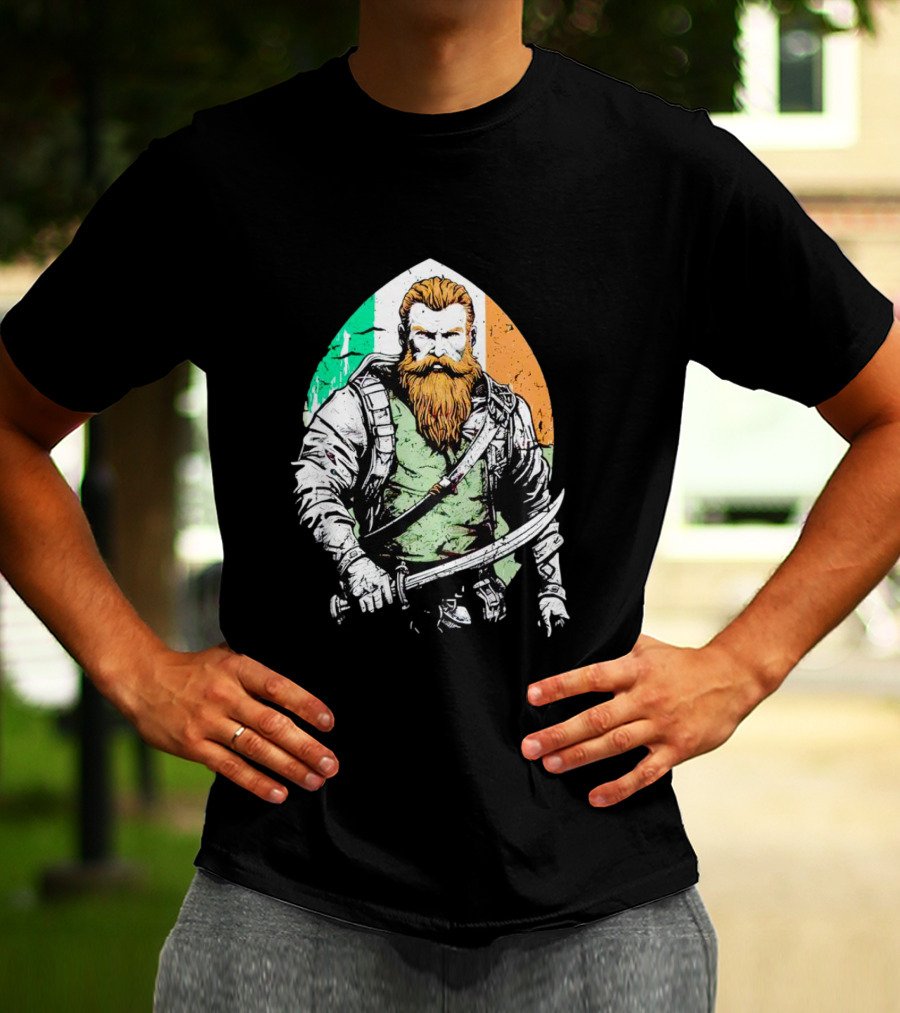 Irish American Pride Warrior With Sword And Flag Background T-Shirt