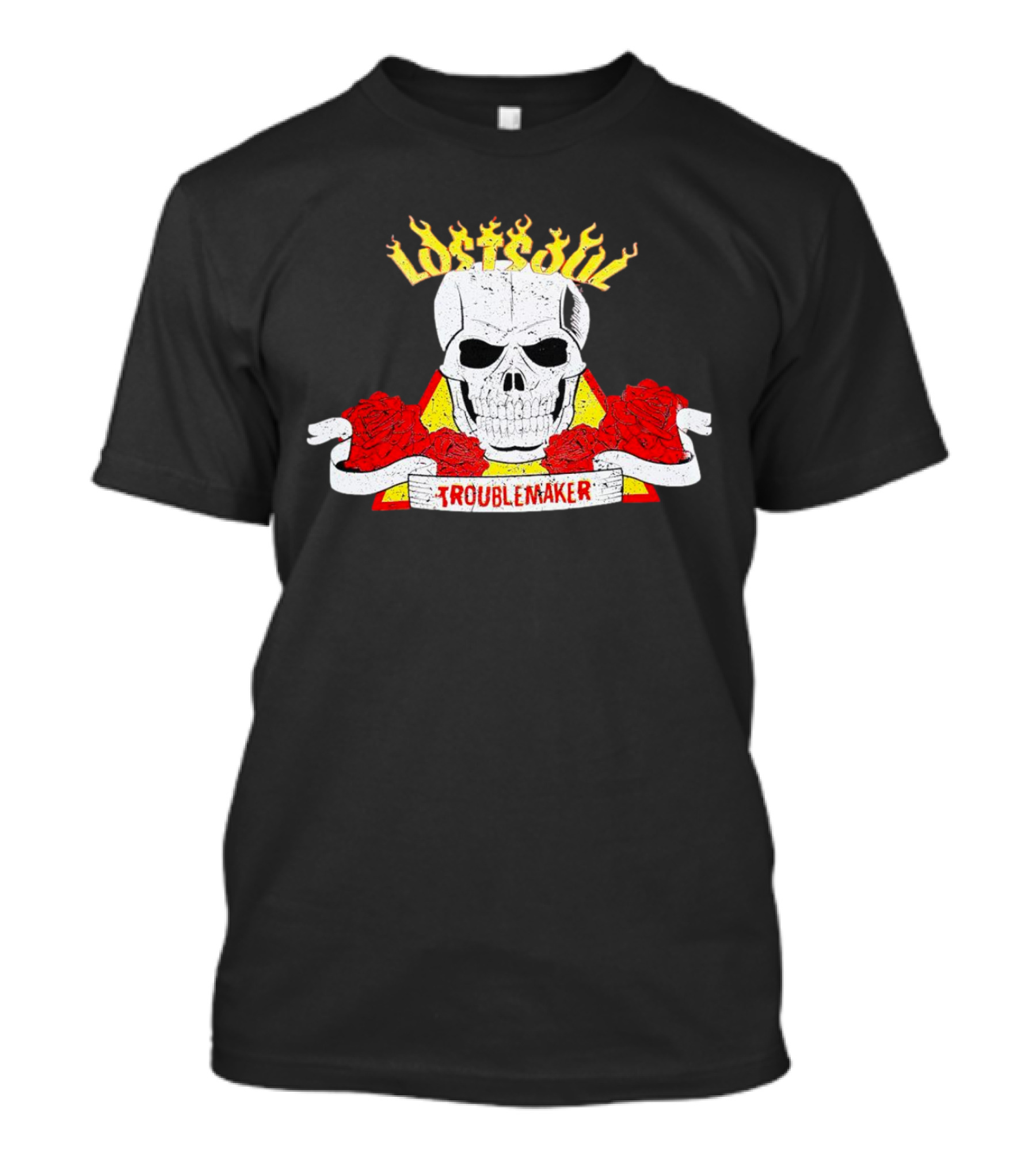 Lost Soul Skull With Flaming Text And Red Roses Troublemaker T-Shirt