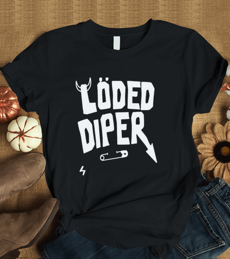 Löded Diper Band Logo With Horns, Arrow, Safety Pin, And Lightning Bolt T-Shirt