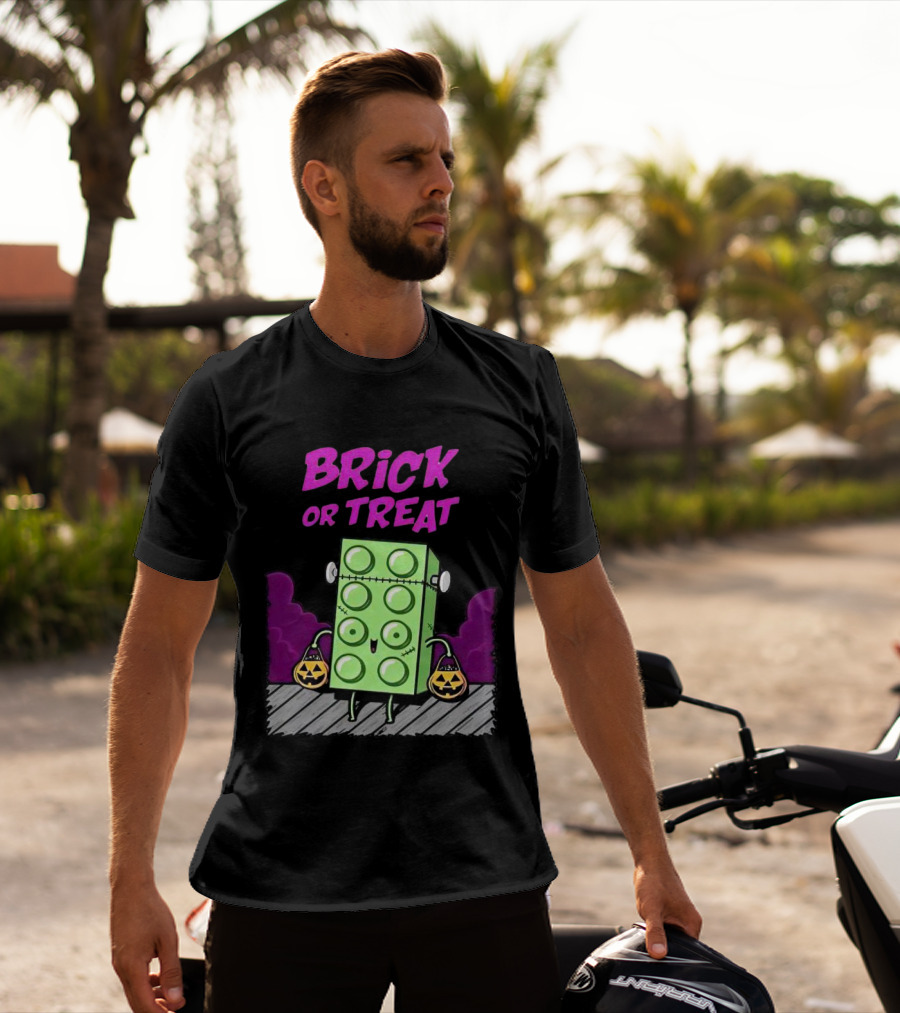 Brick Or Treat Halloween Green Block With Jack-o'-Lanterns Cartoon T-Shirt