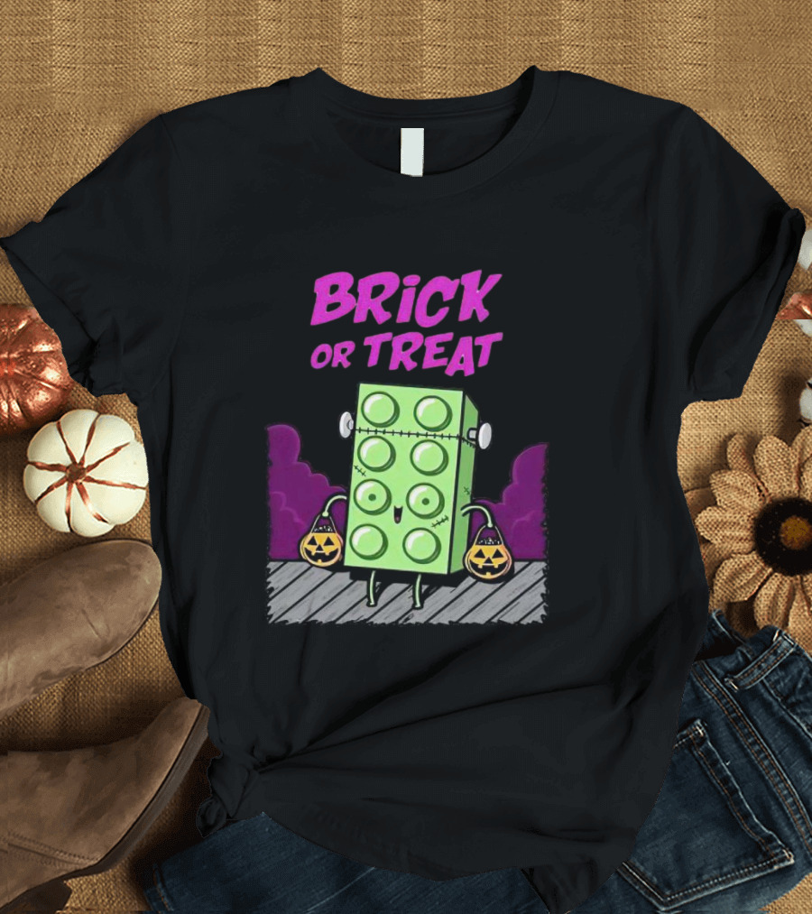 Brick Or Treat Halloween Green Block With Jack-o'-Lanterns Cartoon T-Shirt