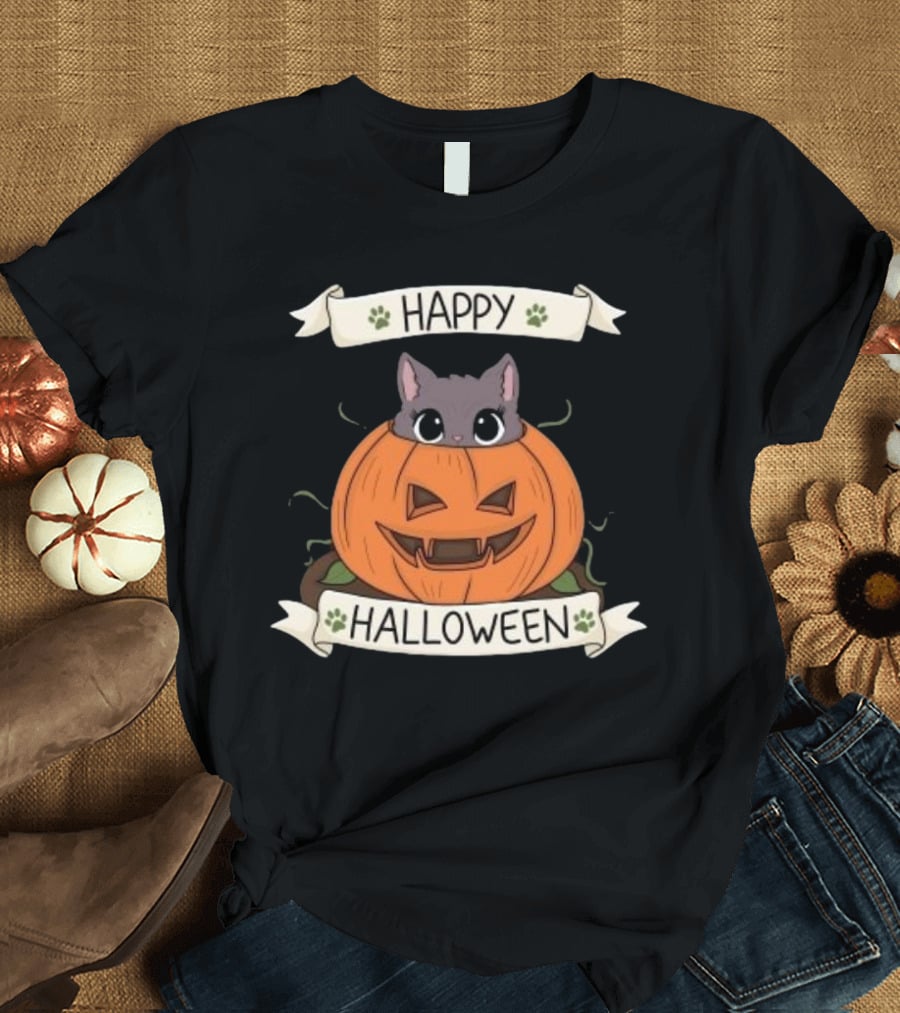 Happy Halloween Cute Cat In Pumpkin T-Shirt